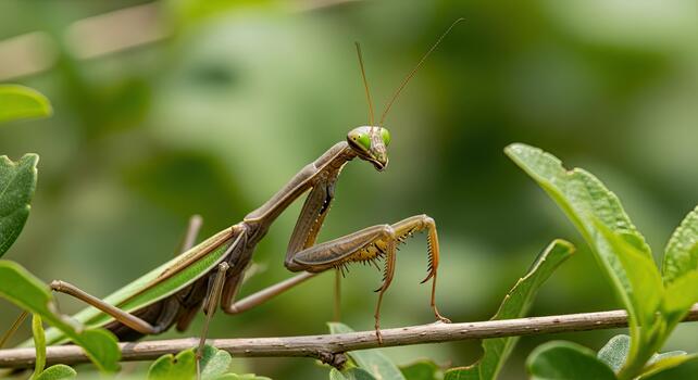 Praying Mantis Perched on Branch Amidst Lush Green Foliage. photo