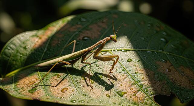 Praying Mantis Resting on a Leaf in a Sunny Forest. photo
