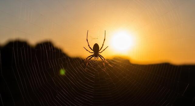 Silhouette of a spider on its web against a sunset backdrop. photo
