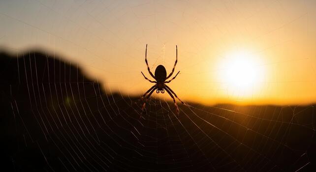 Silhouette of a spider on a web against a vibrant sunset sky. photo