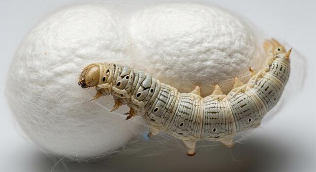 Silkworm larva crawling on a silk cocoon, close-up view. photo
