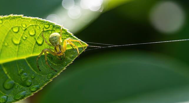 pequeño araña en un verde hoja con agua gotas, creando un delicado natural escena. foto