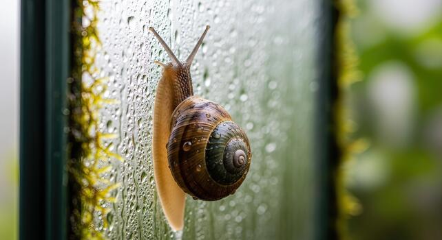 Snail clinging to a wet window pane after a rain shower. photo