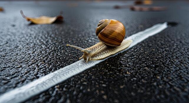 Snail crawling on a wet asphalt road with a white line, close-up, low angle view. photo