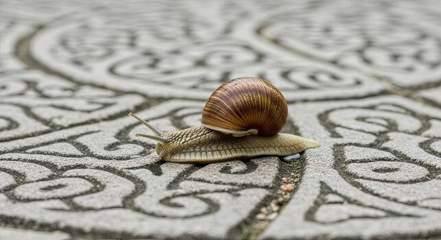 Snail crawling slowly on a patterned surface, showcasing its shell and trail. photo