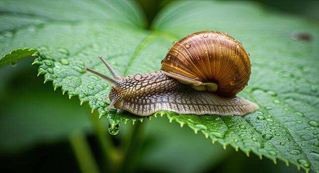 Snail on a Green Leaf - A Close-Up Nature Photograph. photo