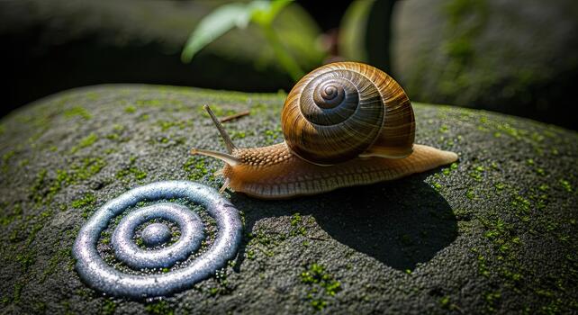 Snail on a rock with a target symbol, illuminated by sunlight. photo