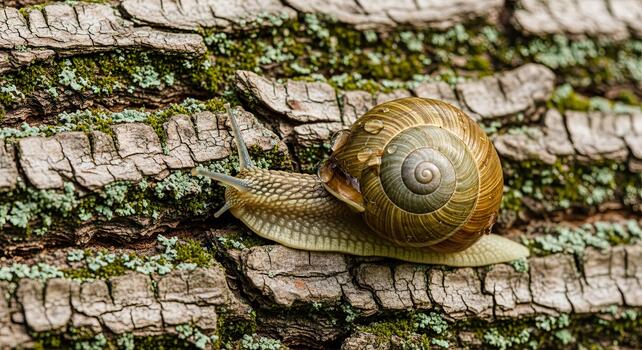 Snail on Textured Bark - A Detailed Macro Shot. photo