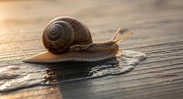 Snails Slow Journey - A Close-Up of a Snail on a Wooden Surface. photo