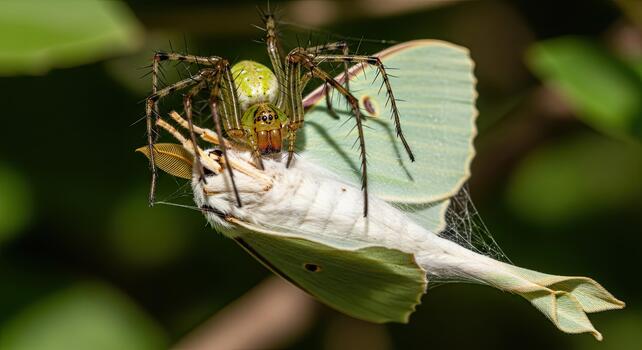 Spider capturing a pale green butterfly in its web. photo