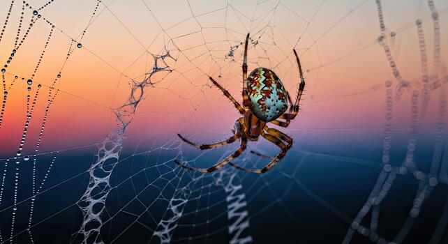 Spider in its web against a colorful sunset background. photo