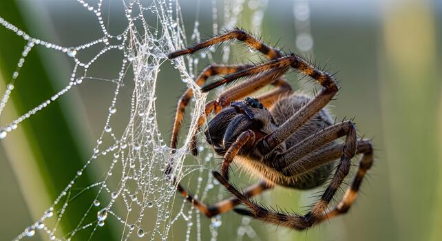 Spider in a web covered in dew drops, close-up. photo