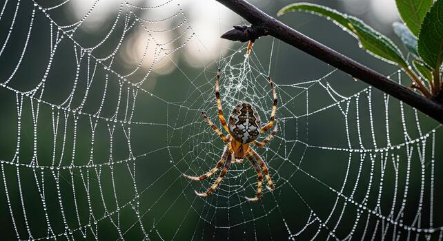 Spider in Dew-Covered Web - A Macro View of Natures Art. photo