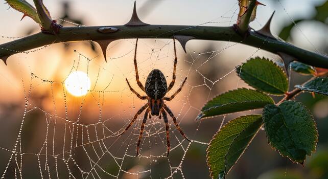 Spider in its web at sunset, natures intricate design. photo