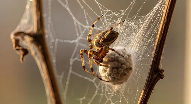 Spider in its web, close-up view, natural habitat, macro photography. photo