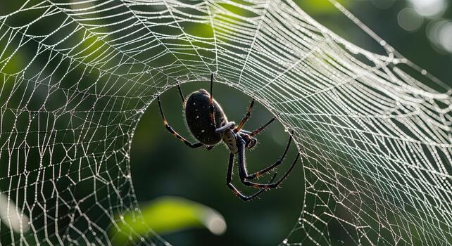 Spider hanging on its web in the morning dew. photo
