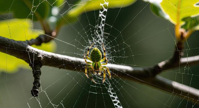 Spider in its web on a branch, waiting for prey. photo