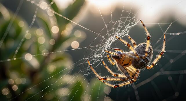 Spider in its web, close-up view, natures intricate design. photo