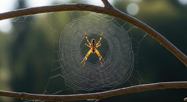 Spider in its web, waiting for prey in the forest. photo