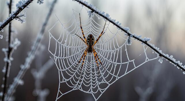 Spider on a frosty web in winter, natures intricate design. photo