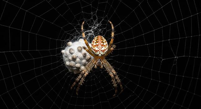 Spider on Web with Egg Sac - A Detailed Macro Shot. photo