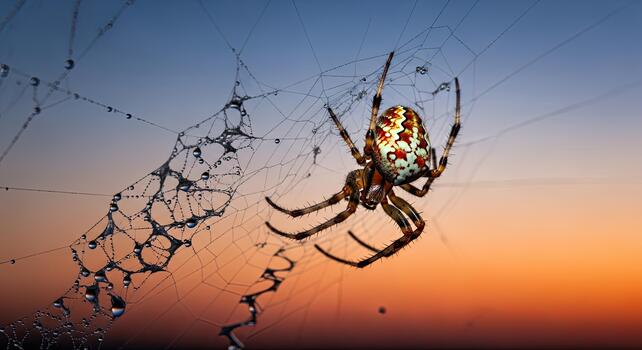 Spider on its web at sunset with colorful sky. photo