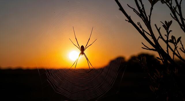 Spider Silhouette Against a Vibrant Sunset Sky with Tree Branches. photo