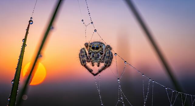 Spider suspended in web with sunrise background. photo