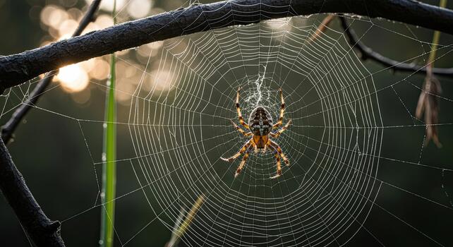 Spider waiting in its intricate web in the forest. photo