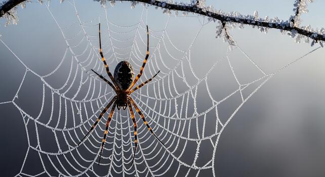 Spider waiting on a dew-covered web in the early morning light. photo