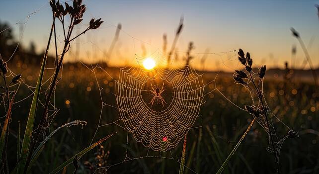 Spiderweb glistening with dew at sunrise in a meadow. photo