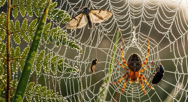 Spider web with dew drops and a butterfly in the morning sun. photo