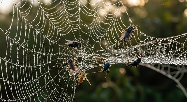 Spiderweb with morning dew drops and captured insects in nature. photo