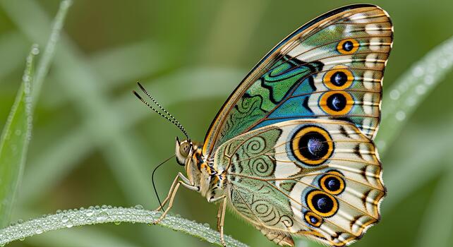 Stunning Butterfly with Intricate Wing Patterns Resting on a Dew-Kissed Blade of Grass. photo