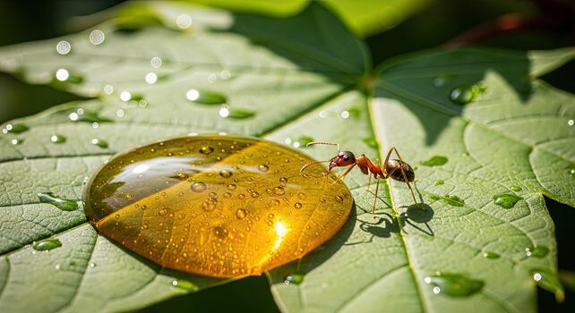 Tiny Ant Approaches Large Golden Droplet on Green Leaf After Rain. photo
