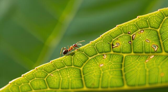 Tiny Ant Crawling on a Vibrant Green Leaf with Detailed Veins. photo
