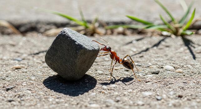 Tiny Ant Effortlessly Pushing a Large Rock on the Ground. photo