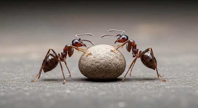 Two ants working together to move a large, round object across a textured surface, showcasing teamwork and strength. photo