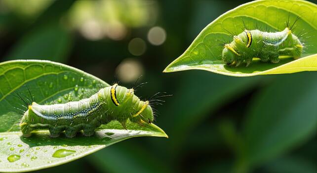 dos verde orugas masticando en hojas en un jardín ajuste. foto