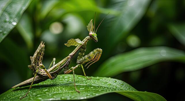 Two praying mantises on a vibrant green leaf with water droplets, showcasing their intricate camouflage in a natural setting. photo