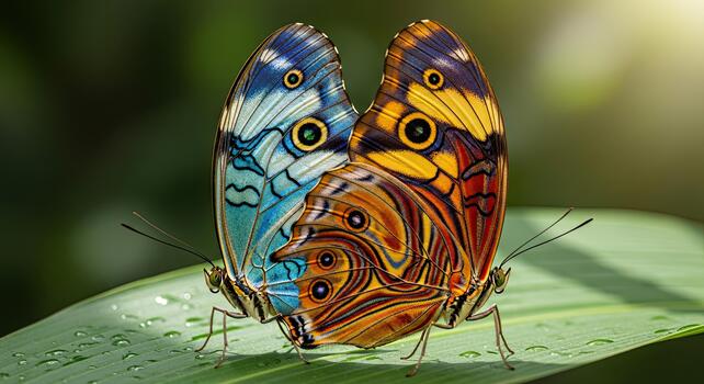 dos vibrante mariposas con único patrones en su alas, descansando en un verde hoja en un natural ajuste. foto
