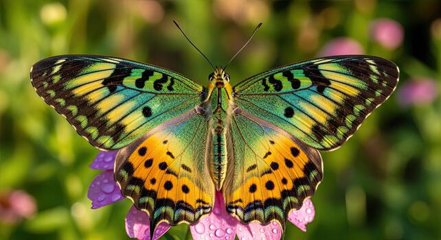 Vibrant Butterfly Displaying Colorful Wings on a Purple Flower. photo