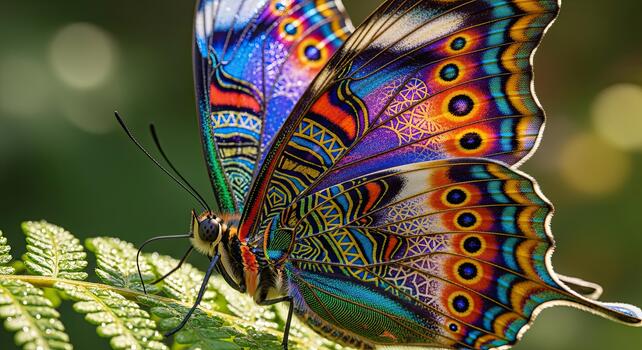 Vibrant Butterfly with Intricate Wing Patterns Resting on Green Foliage. photo