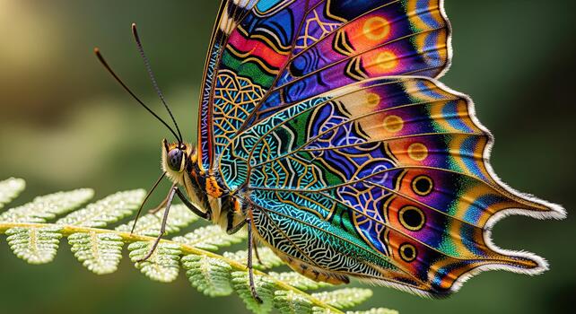 Vibrant Butterfly with Intricate Wing Patterns Resting on a Fern. photo