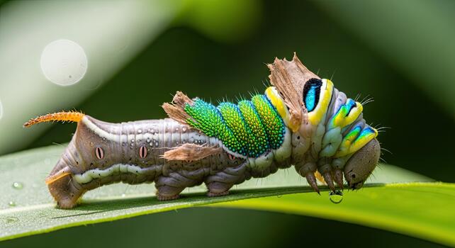 Vibrant Colorful Caterpillar with Unique Markings on a Green Leaf in Natural Habitat. photo