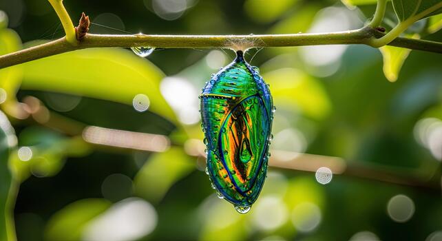 Vibrant Green and Blue Chrysalis Hanging from a Branch with Raindrops. photo