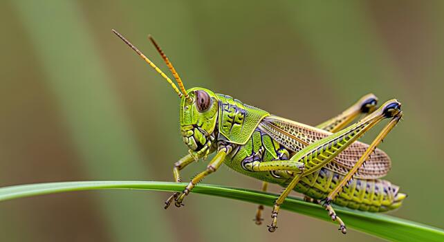 Vibrant Green Grasshopper Perched on a Blade of Grass in Nature. photo