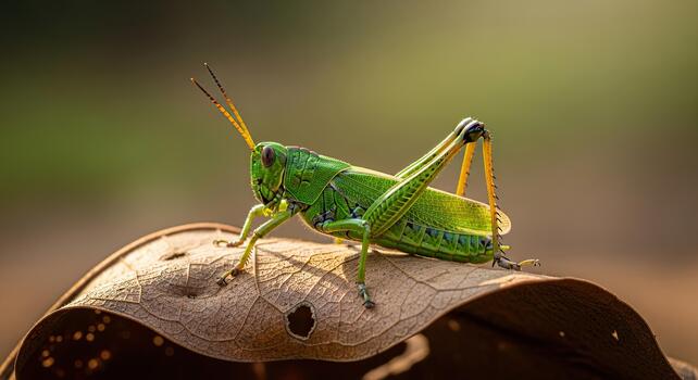 Vibrant Green Grasshopper Perched on a Dried Leaf in Nature. photo