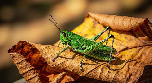 Vibrant Green Grasshopper Perched on a Textured Autumn Leaf. photo