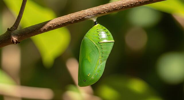 Vibrant green monarch butterfly chrysalis hanging from a small branch in nature. photo